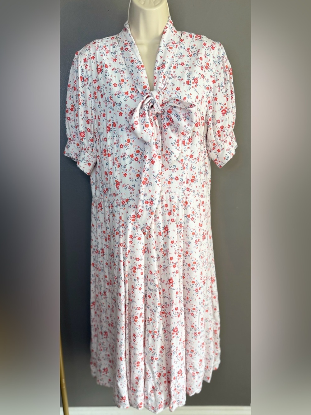 Wayward Fancies Floral Tie Neck Midi Tea Dress XL Boho Cottagecore Puff Sleeve